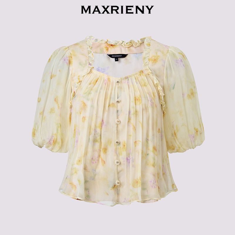 玛克门店发货：夏季新款日落繁花宫廷风灯笼袖显瘦印花甜美上衣(货号:MF86TP269)