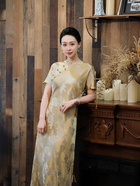 盛唐牡丹 |香槟金真丝提花旗袍裙