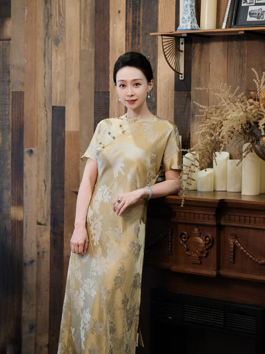 盛唐牡丹 |香槟金真丝提花旗袍裙 商品图0