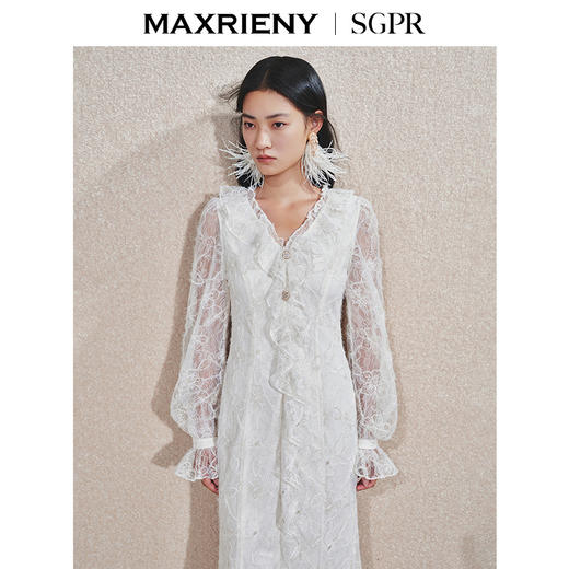 玛克门店发货：MAXRIENY精致浪漫复古宫廷风蕾丝长裙2025春季新款花边收腰连衣裙(货号:MS85DR762) 商品图1