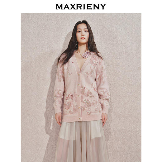 玛克门店发货：MAXRIENY浪漫复古感粉玫瑰印花毛衫外套(货号:MC85JA545) 商品图2