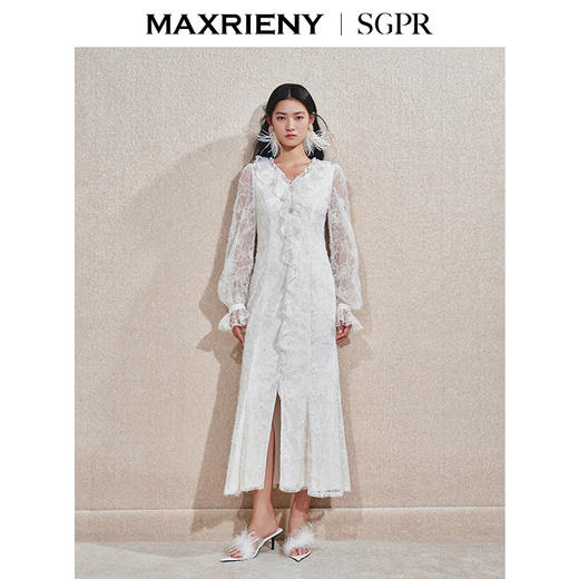 玛克门店发货：MAXRIENY精致浪漫复古宫廷风蕾丝长裙2025春季新款花边收腰连衣裙(货号:MS85DR762) 商品图0