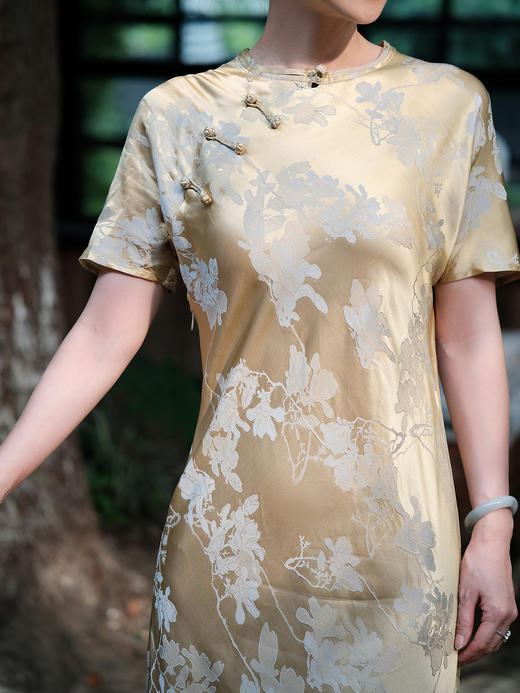 盛唐牡丹 |香槟金真丝提花旗袍裙 商品图2