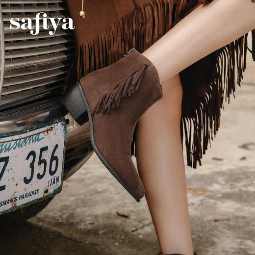 Safiya/索菲娅2025流苏废土风羊皮尖头复古粗跟百搭西部牛仔靴SFD4116353 商品图5