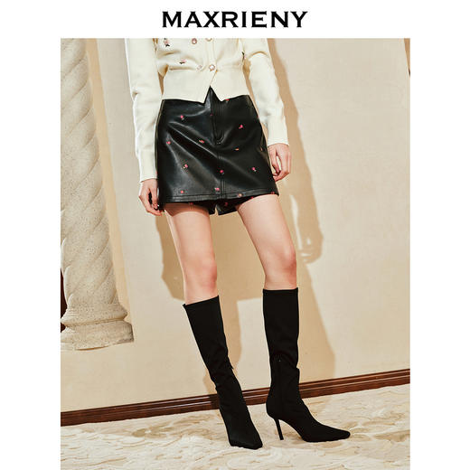 MAXRIENY【商场同款】精致复古绣花环保皮半裙冬款高腰A摆裤裙(货号:MC88PA804) 商品图1