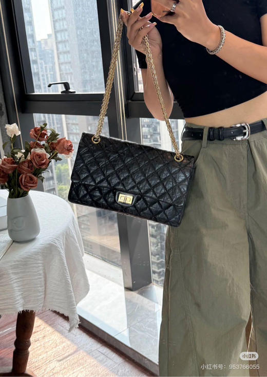Chanel 2.55 油蜡牛皮 黑金 中号 单肩包 商品图1