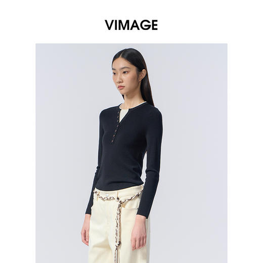VIMAGE纬漫纪假两件修身显瘦羊毛针织衫V2401104 商品图5