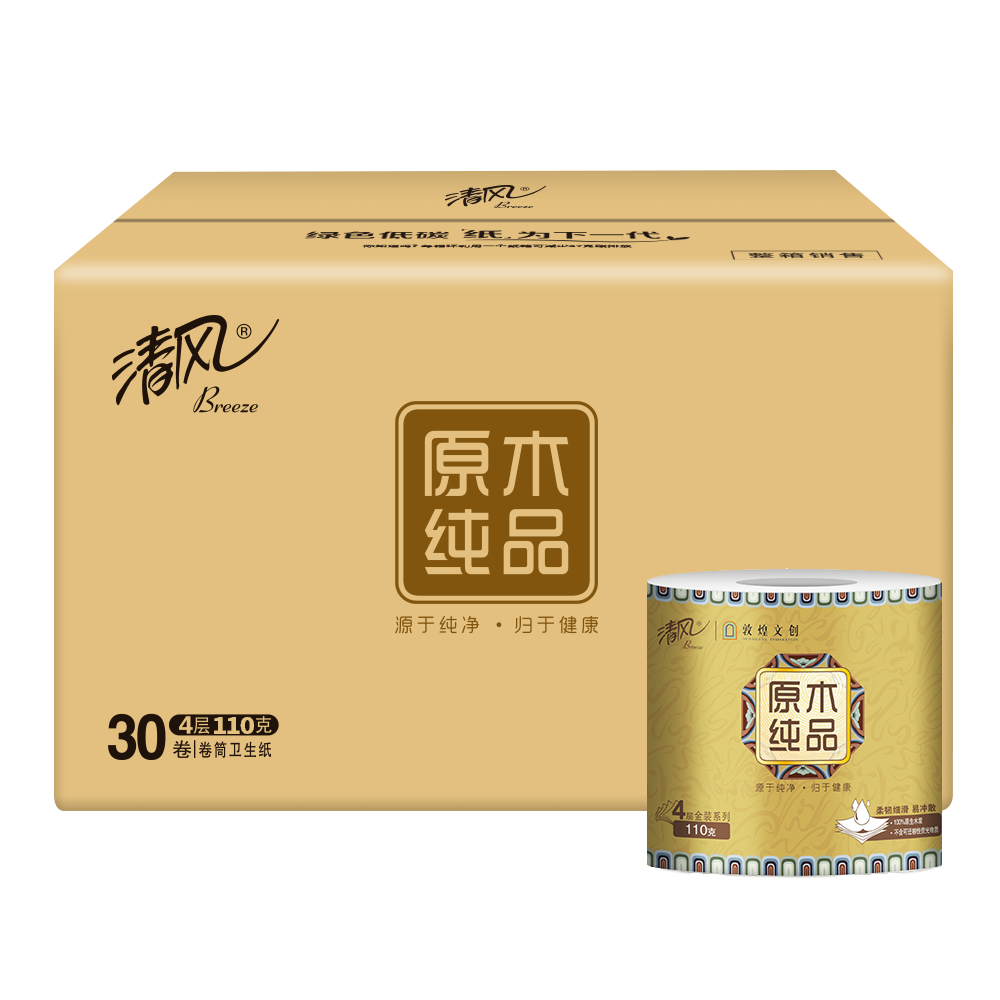 清风&敦煌文创原木纯品系列4层加厚纸巾110g A20CDH 12/24/30/36/48/60/72卷(QF)