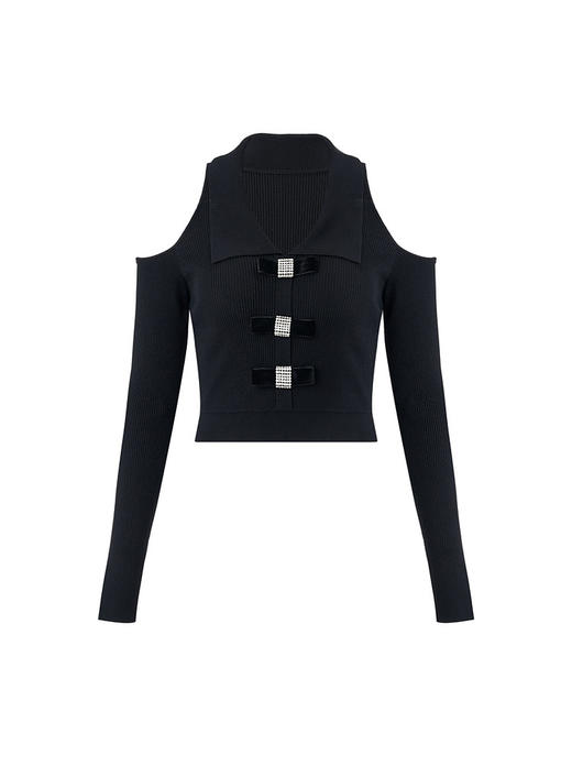 MAXRIENY黑色长袖翻领子复古露肩毛衫秋冬约会女（货号：MS85SW501） 商品图0