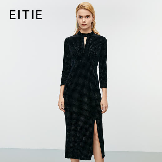 EITIE爱特爱水滴立领黑色修身显瘦礼服连衣裙冬季新款8077703 商品图0