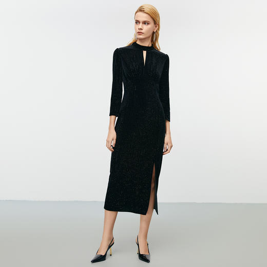 EITIE爱特爱水滴立领黑色修身显瘦礼服连衣裙冬季新款8077703 商品图1