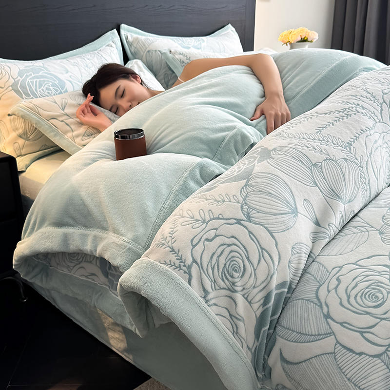 【换季出清】自然醒A类5D立体浮雕宽边牛奶绒四件套高档法兰珊瑚绒床单被套秋冬季轻奢床品QJ