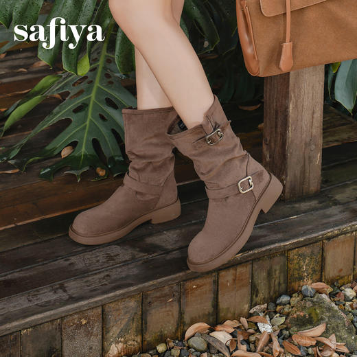 Safiya/索菲娅2025美拉德中筒绒面复古百搭休闲褶皱堆堆西部靴 SFD4116365 商品图5