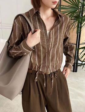 【秋新品】古泥/青孜品牌9818短款条纹可抽绳长袖衬衫-喜出