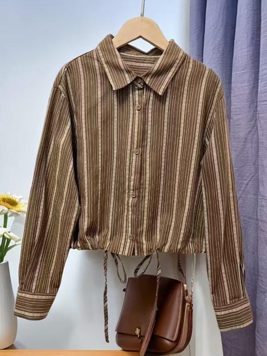 【秋新品】古泥/青孜品牌9818短款条纹可抽绳长袖衬衫-喜出 商品图1