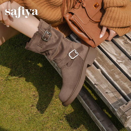 Safiya/索菲娅2025美拉德中筒绒面复古百搭休闲褶皱堆堆西部靴 SFD4116365 商品图3