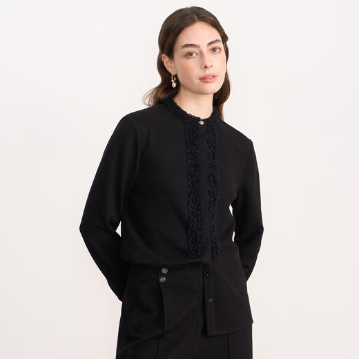 EITIE爱特爱复古花边气质立领纯色直筒显瘦衬衫上衣秋冬新款衬衣D2509903 商品图6