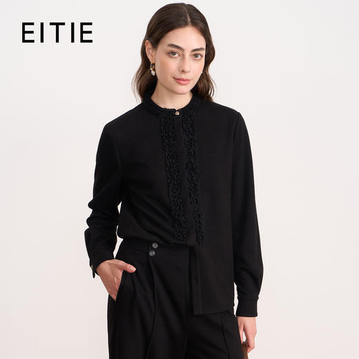 EITIE爱特爱复古花边气质立领纯色直筒显瘦衬衫上衣秋冬新款衬衣D2509903 商品图1
