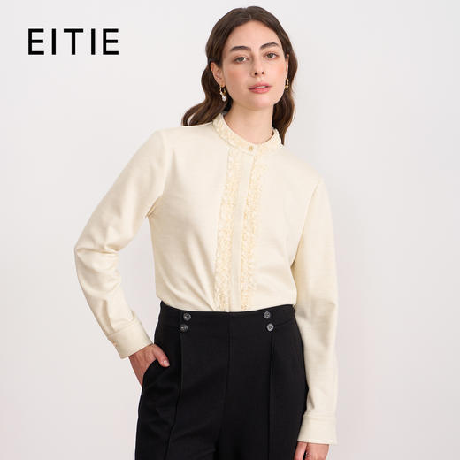 EITIE爱特爱复古花边气质立领纯色直筒显瘦衬衫上衣秋冬新款衬衣D2509903 商品图0