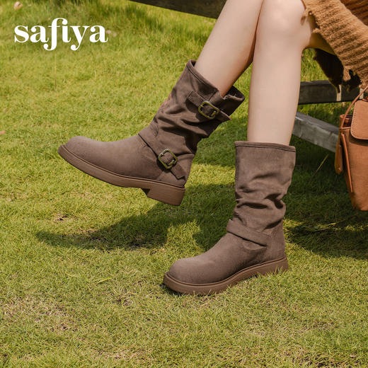 Safiya/索菲娅2025美拉德中筒绒面复古百搭休闲褶皱堆堆西部靴 SFD4116365 商品图4
