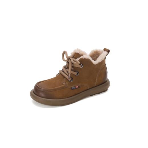 西村名物2023秋季新款百搭舒适毛毛内底保暖圆头平底短靴复古马丁靴真皮软底T23DS44701D 商品图3