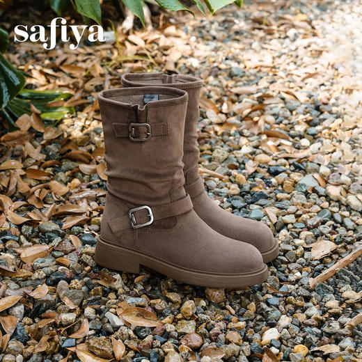 Safiya/索菲娅2025美拉德中筒绒面复古百搭休闲褶皱堆堆西部靴 SFD4116365 商品图0