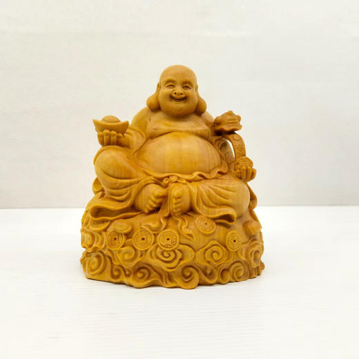 新款坐铜钱持如意弥勒°黄杨木摆件 商品图0