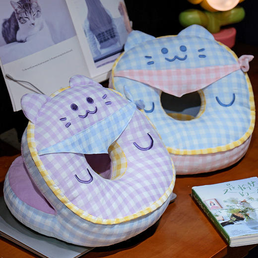 自然醒泡泡纱方巾格子喵双面午睡枕QYL 商品图14