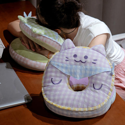 自然醒泡泡纱方巾格子喵双面午睡枕QYL 商品图12