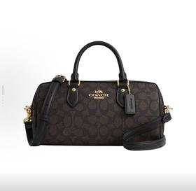 COACH蔻驰 Rowan 26 品牌徽标拉链开合 涂层帆布 斜挎单肩手提包 中号 女款 胡桃木拼黑色