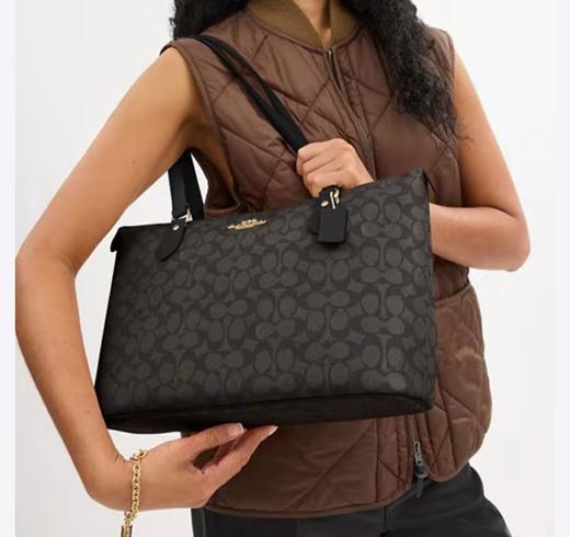 COACH蔻驰 Gallery 36 经典老花拉链开合 pvc配皮 单肩斜挎托特包Tote包购物袋手提包 大号 女款 深棕色 商品图3