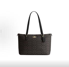 COACH蔻驰 Gallery 36 经典老花拉链开合 pvc配皮 单肩斜挎托特包Tote包购物袋手提包 大号 女款 深棕色