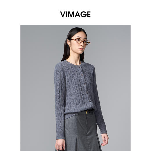 VIMAGE纬漫纪绵羊毛复古多色时尚绞花针织开衫上衣秋季新款V2401103 商品图2