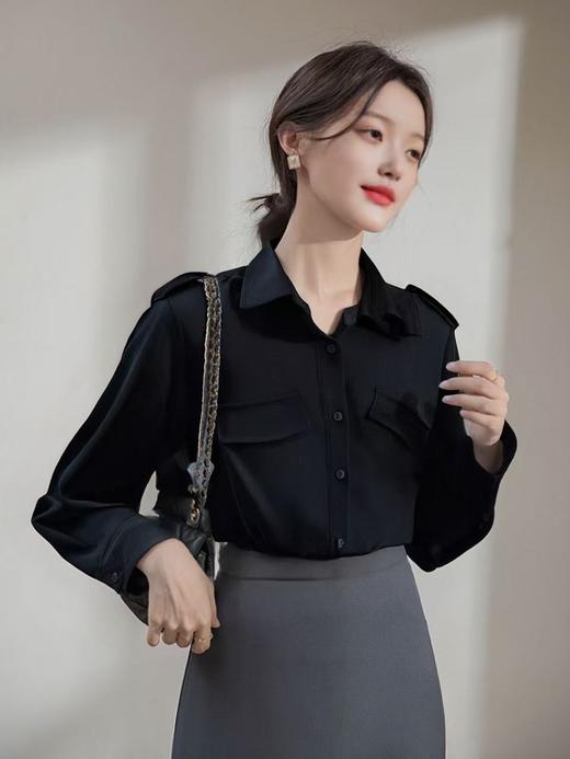 【秋新品】古泥9910黑色气质斜口袋衬衫-喜出 商品图0