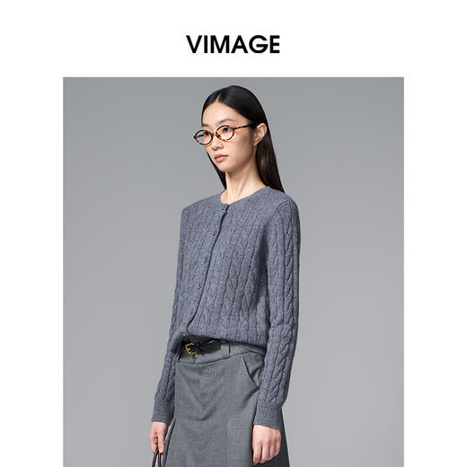 VIMAGE纬漫纪绵羊毛复古多色时尚绞花针织开衫上衣秋季新款V2401103 商品图1