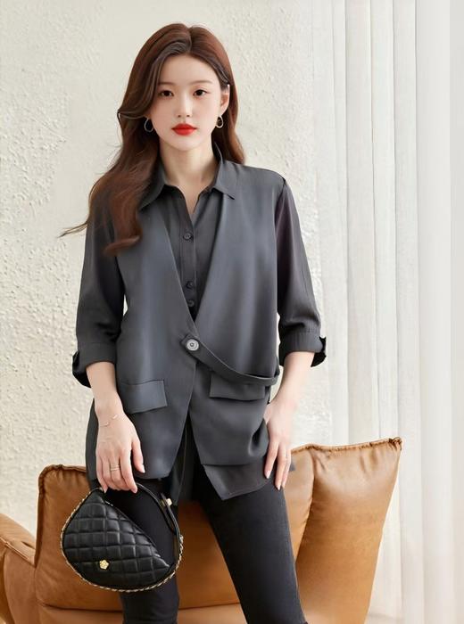 【秋新品】古泥品牌7063 假两件100%天丝衬衫翻领上衣-喜出 商品图1