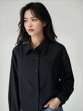 春季推荐2026→【自营】古泥7779 短款小开叉黑色衬衫-喜出