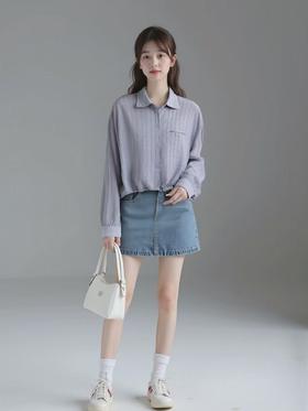 【秋新品】古泥7561 含麻料蓝色条纹衬衫-喜出