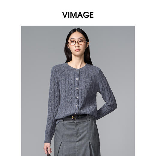VIMAGE纬漫纪绵羊毛复古多色时尚绞花针织开衫上衣秋季新款V2401103 商品图3