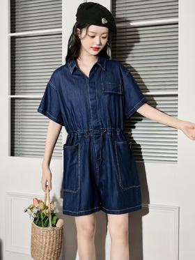 【秋新品】古泥品牌6033 100%棉牛仔收腰宽松连衣裤-喜出
