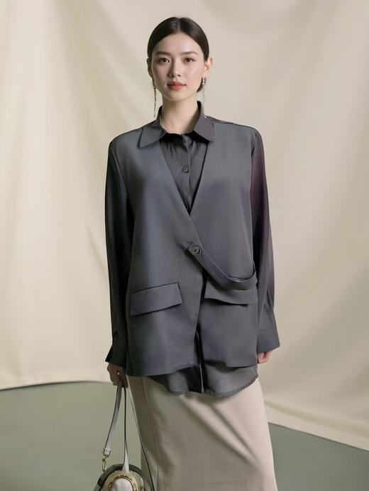 【秋新品】古泥品牌7063 假两件100%天丝衬衫翻领上衣-喜出 商品图2