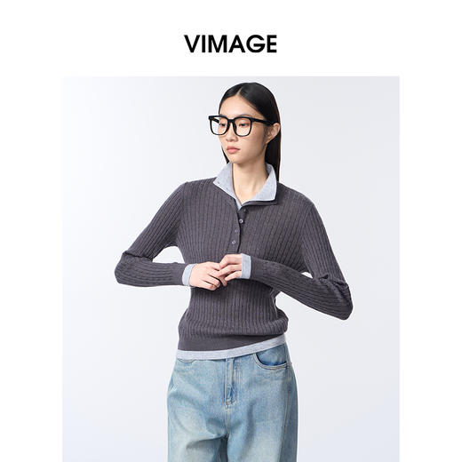 VIMAGE纬漫纪撞色假两件设计时尚减龄秋季新款针织衫V2401109 商品图3
