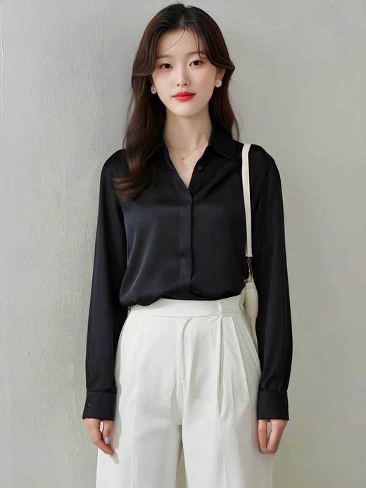 【秋新品】古泥7287仿真丝缎面光泽简约黑色衬衫-喜出 商品图0