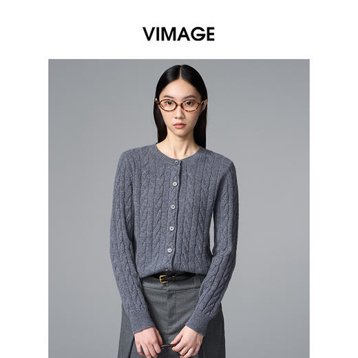 VIMAGE纬漫纪绵羊毛复古多色时尚绞花针织开衫上衣秋季新款V2401103 商品图5
