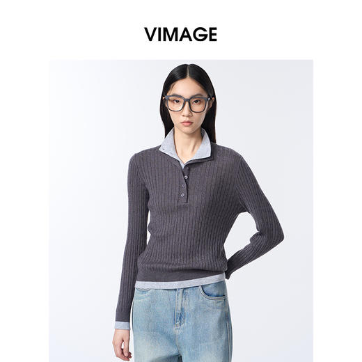 VIMAGE纬漫纪撞色假两件设计时尚减龄秋季新款针织衫V2401109 商品图5