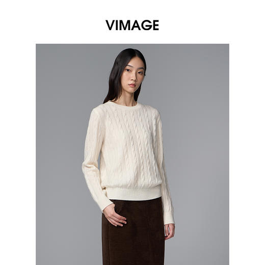VIMAGE纬漫纪绵羊毛时尚长袖复古圆领绞花针织衫上衣秋季新款V2401106 商品图1