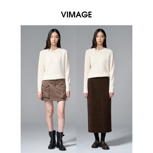VIMAGE纬漫纪绵羊毛时尚长袖复古圆领绞花针织衫上衣秋季新款V2401106 商品图0