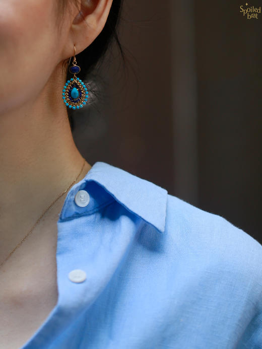 SpoiledBrat Jewelry戏剧系列 |14K注金斜长石蓝锆石耳环 商品图5