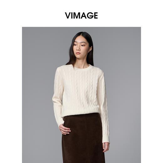 VIMAGE纬漫纪绵羊毛时尚长袖复古圆领绞花针织衫上衣秋季新款V2401106 商品图3