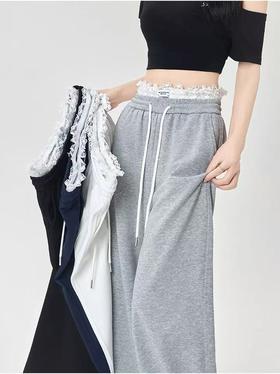 捡漏，微脏小码微脏一眼就爱上！！【秋上新】8802蕾丝花边阔腿裤女高腰抽绳直筒休闲裤-喜出